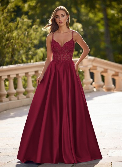 Dreamy V-Neck Lace Illusion Corset A-Line Floor-Length Satin Prom Dresses