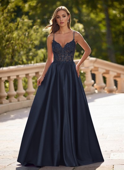 Dreamy V-Neck Lace Illusion Corset A-Line Floor-Length Satin Prom Dresses