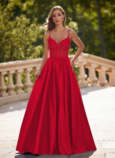 Dreamy V-Neck Lace Illusion Corset A-Line Floor-Length Satin Prom Dresses