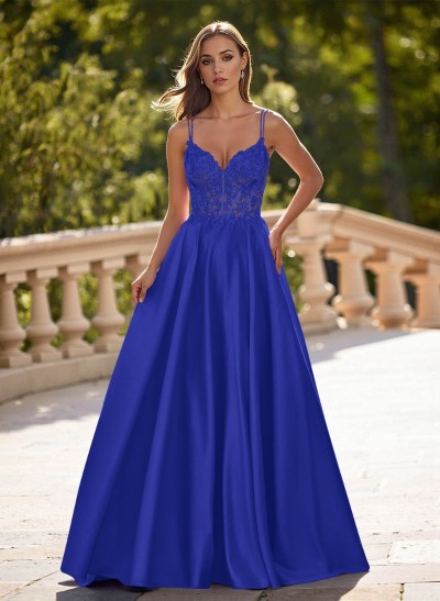 Dreamy V-Neck Lace Illusion Corset A-Line Floor-Length Satin Prom Dresses