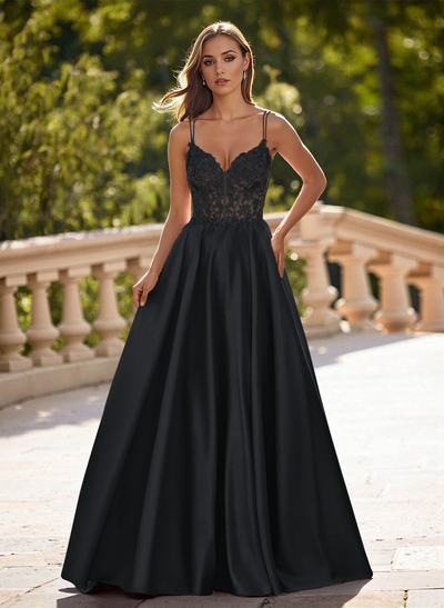Dreamy V-Neck Lace Illusion Corset A-Line Floor-Length Satin Prom Dresses
