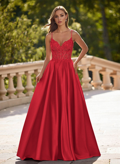 Dreamy V-Neck Lace Illusion Corset A-Line Floor-Length Satin Prom Dresses