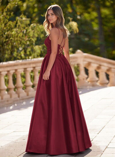 Dreamy V-Neck Lace Illusion Corset A-Line Floor-Length Satin Prom Dresses