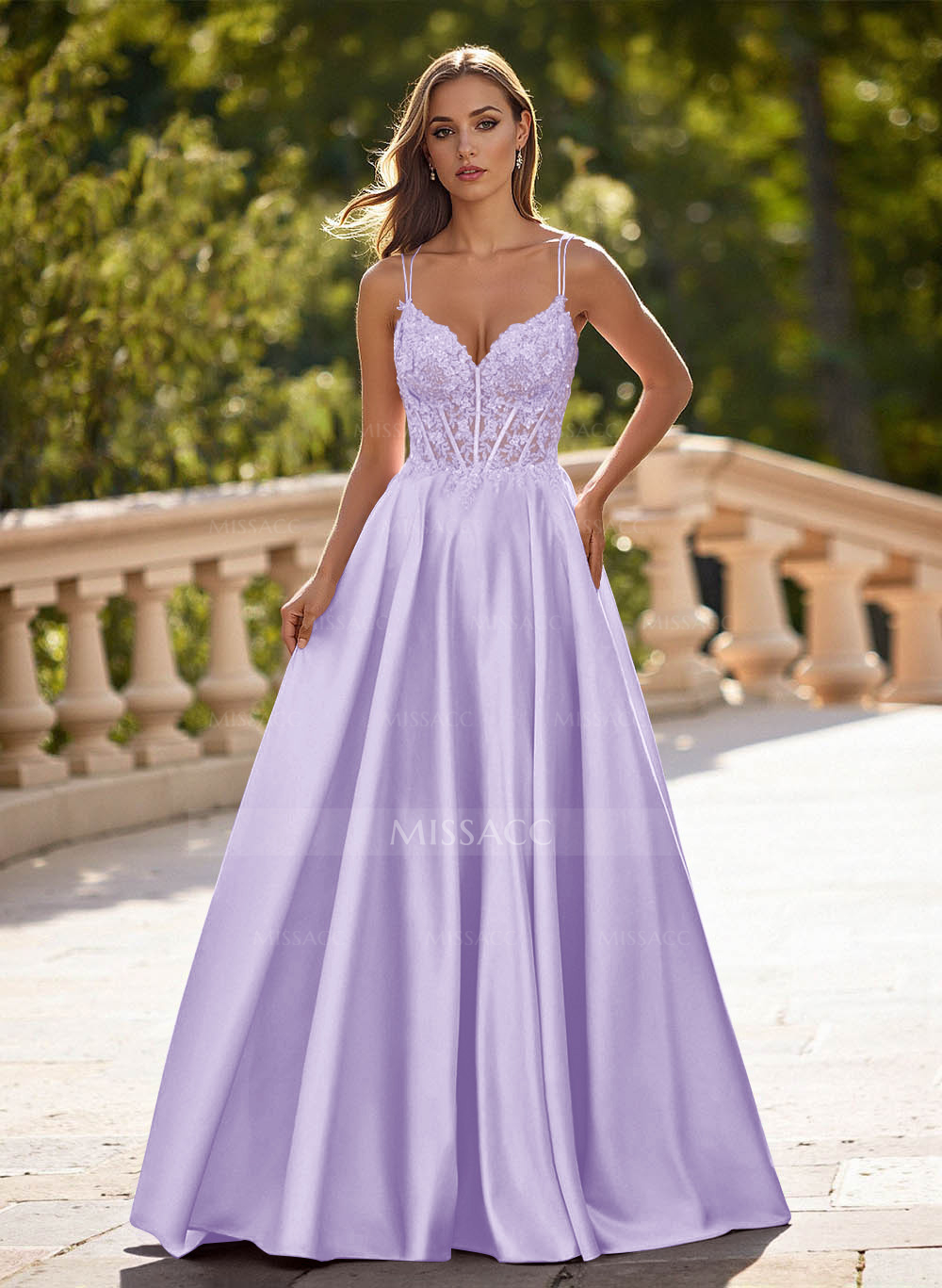 Dreamy V-Neck Lace Illusion Corset A-Line Floor-Length Satin Prom Dresses
