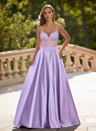 Dreamy V-Neck Lace Illusion Corset A-Line Floor-Length Satin Prom Dresses