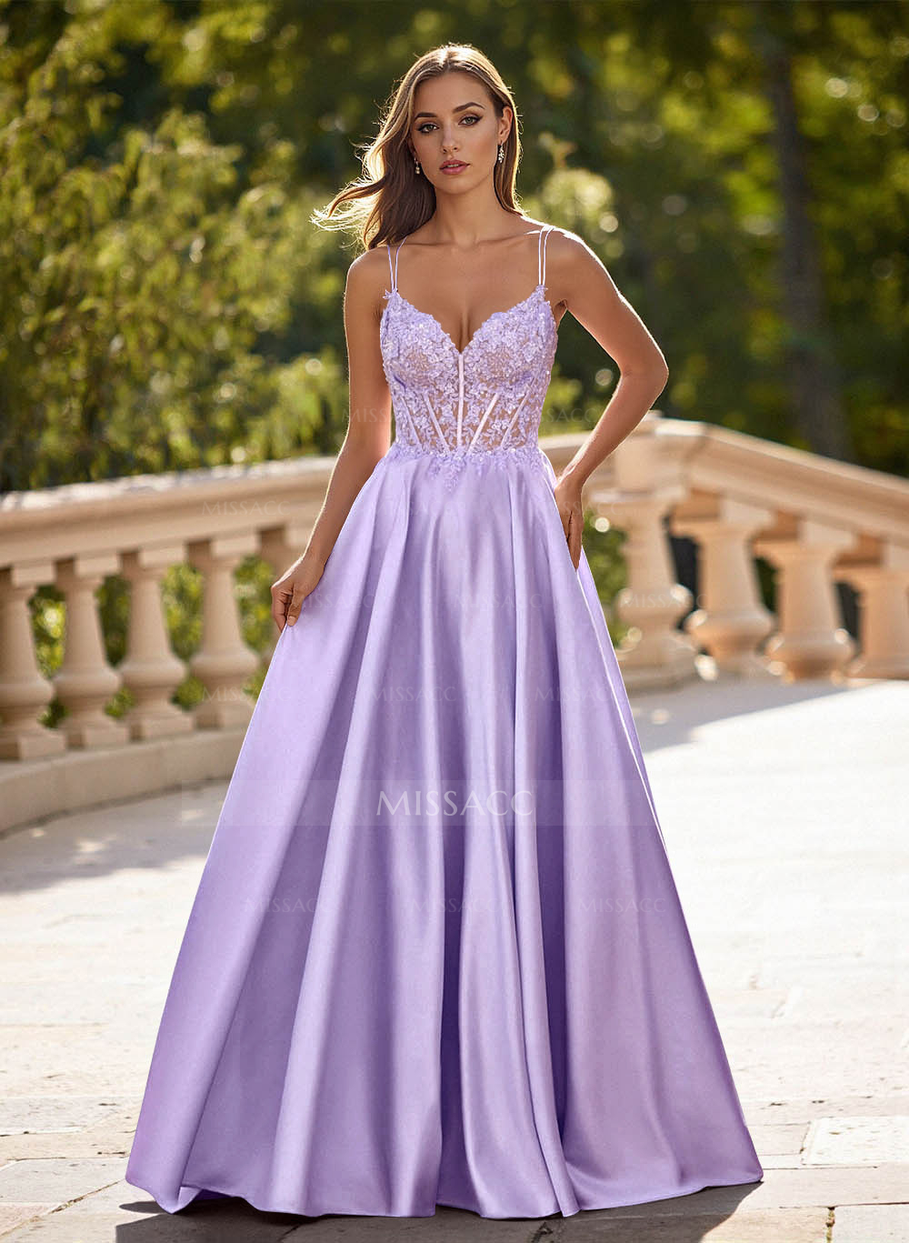 Dreamy V-Neck Lace Illusion Corset A-Line Floor-Length Satin Prom Dresses