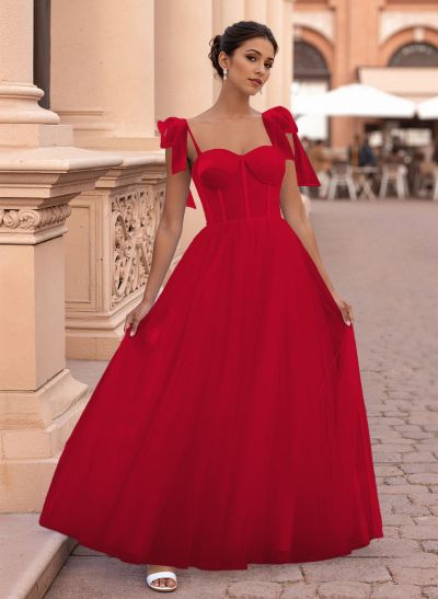 Classic Bow(s) Spaghetti Straps Sweetheart Corset A-Line Tulle Prom Dresses
