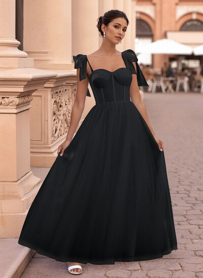 Classic Bow(s) Spaghetti Straps Sweetheart Corset A-Line Tulle Prom Dresses