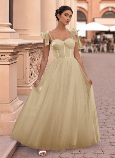 Classic Bow(s) Spaghetti Straps Sweetheart Corset A-Line Tulle Prom Dresses