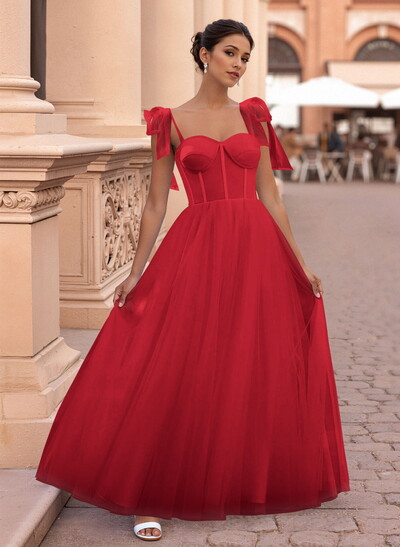 Classic Bow(s) Spaghetti Straps Sweetheart Corset A-Line Tulle Prom Dresses