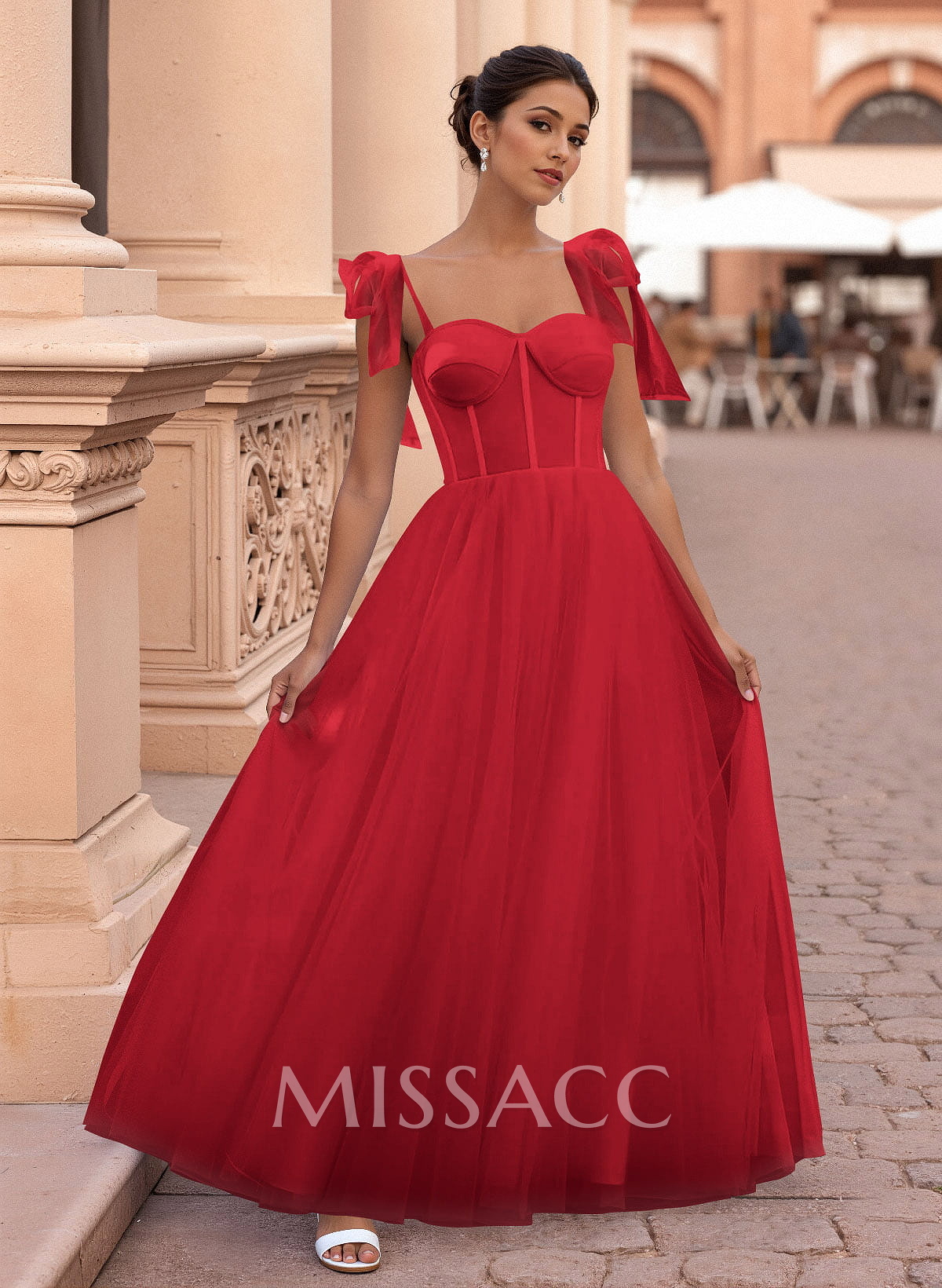 Classic Bow(s) Spaghetti Straps Sweetheart Corset A-Line Tulle Prom Dresses