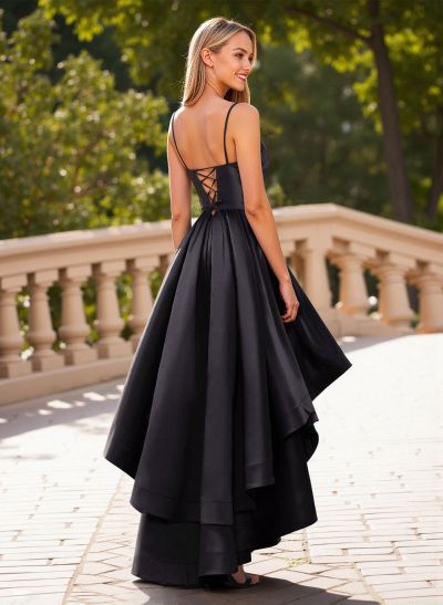 Unique Sweetheart Illusion Corset Ruffle A-Line Asymmetrical Length Satin Prom Dresses