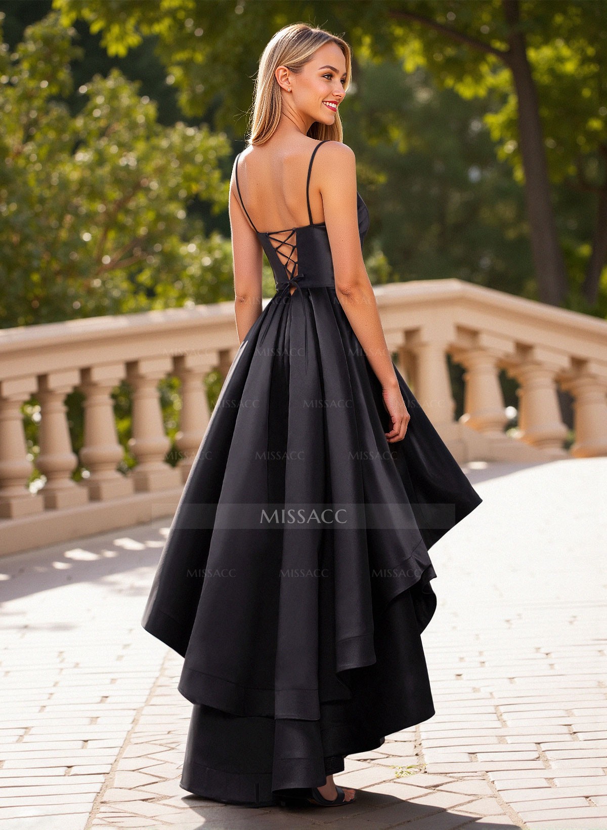 Unique Sweetheart Illusion Corset Ruffle A-Line Asymmetrical Length Satin Prom Dresses