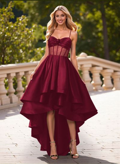 Unique Sweetheart Illusion Corset Ruffle A-Line Asymmetrical Length Satin Prom Dresses