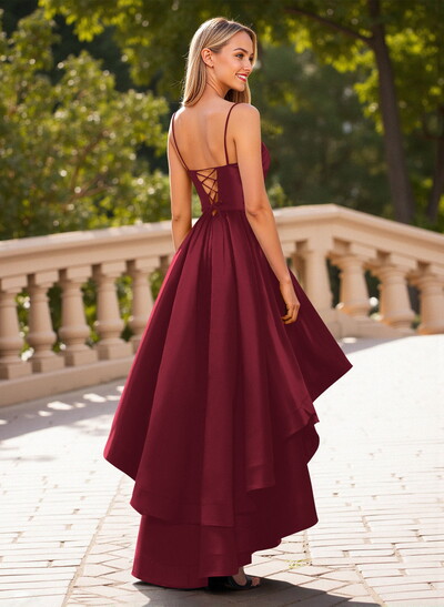 Unique Sweetheart Illusion Corset Ruffle A-Line Asymmetrical Length Satin Prom Dresses