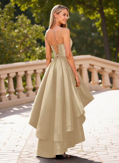Unique Sweetheart Illusion Corset Ruffle A-Line Asymmetrical Length Satin Prom Dresses