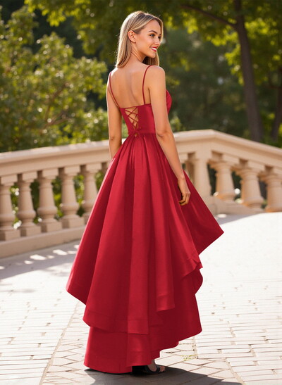 Unique Sweetheart Illusion Corset Ruffle A-Line Asymmetrical Length Satin Prom Dresses