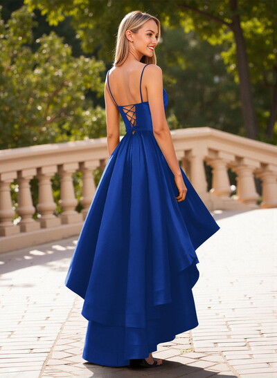 Unique Sweetheart Illusion Corset Ruffle A-Line Asymmetrical Length Satin Prom Dresses