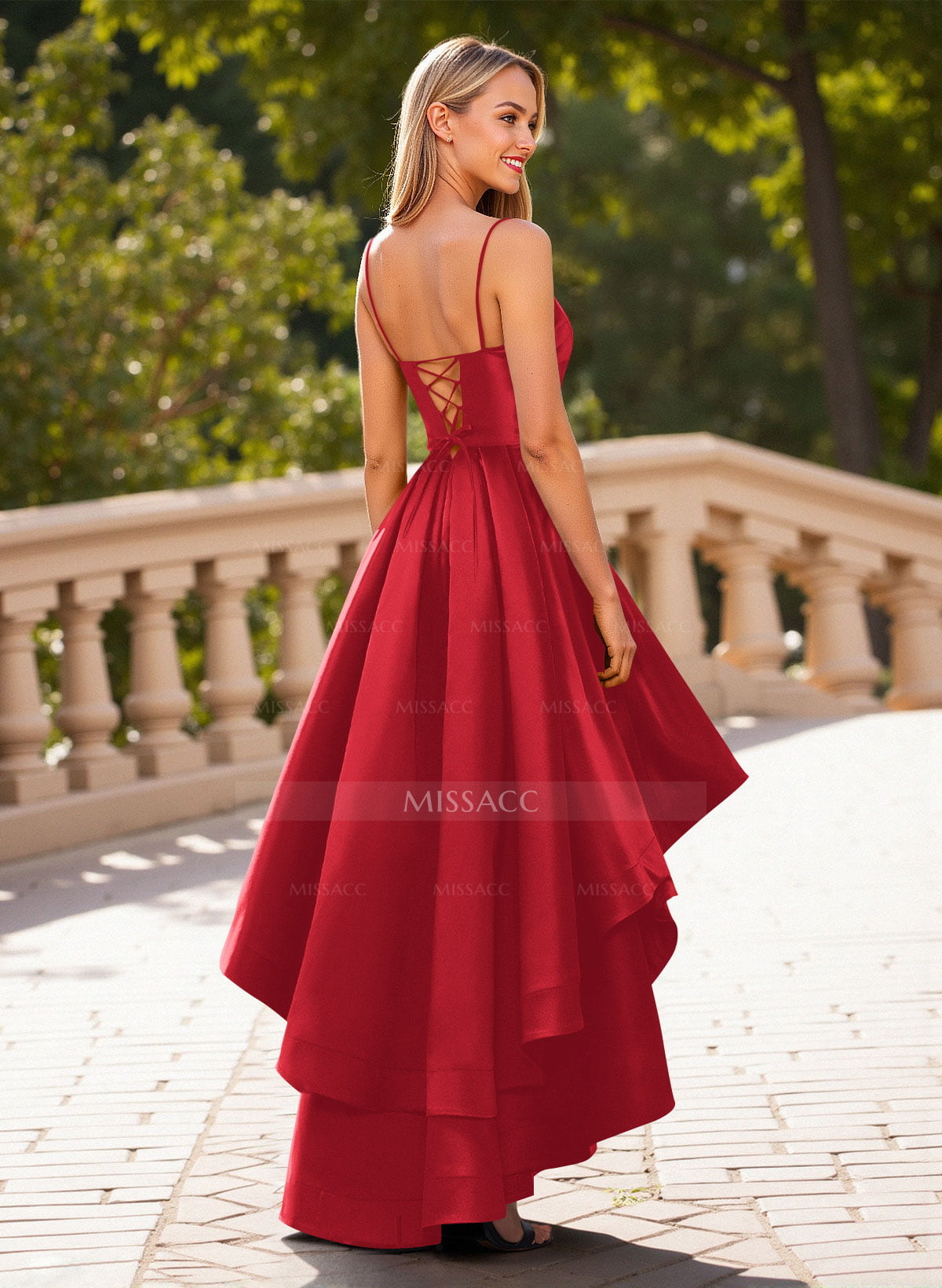 Unique Sweetheart Illusion Corset Ruffle A-Line Asymmetrical Length Satin Prom Dresses