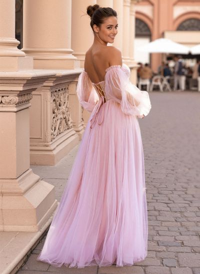 Elegant Off-The-Shoulder Long Lantern Sleeves Lace Illusion Corset A-Line Tulle Prom Dresses