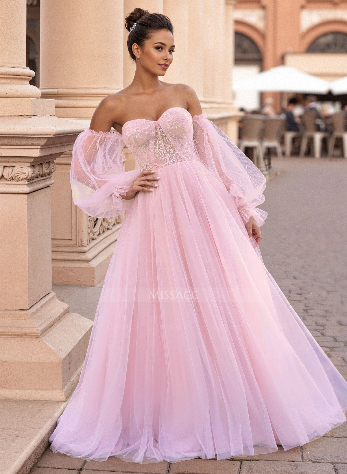 Elegant Off-The-Shoulder Long Lantern Sleeves Lace Illusion Corset A-Line Tulle Prom Dresses