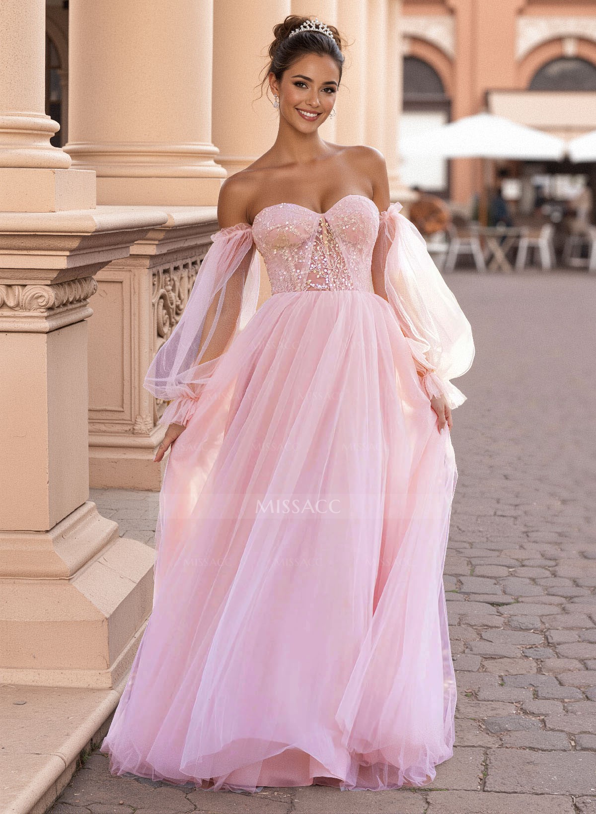 Elegant Off-The-Shoulder Long Lantern Sleeves Lace Illusion Corset A-Line Tulle Prom Dresses