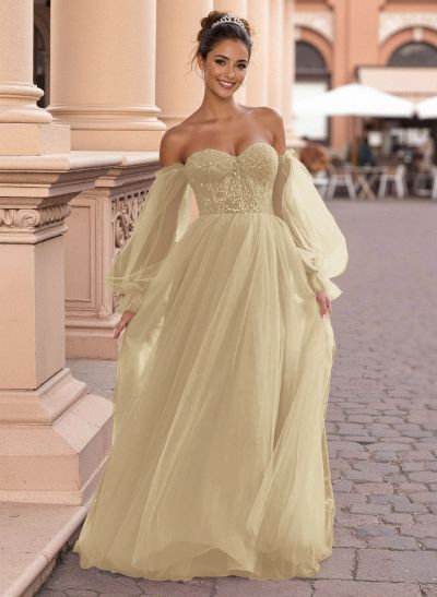 Elegant Off-The-Shoulder Long Lantern Sleeves Lace Illusion Corset A-Line Tulle Prom Dresses