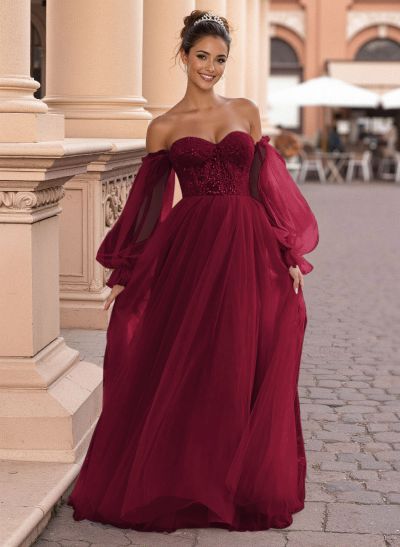 Elegant Off-The-Shoulder Long Lantern Sleeves Lace Illusion Corset A-Line Tulle Prom Dresses