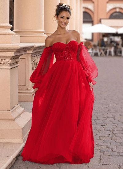 Elegant Off-The-Shoulder Long Lantern Sleeves Lace Illusion Corset A-Line Tulle Prom Dresses