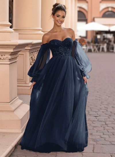 Elegant Off-The-Shoulder Long Lantern Sleeves Lace Illusion Corset A-Line Tulle Prom Dresses