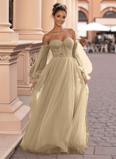 Elegant Off-The-Shoulder Long Lantern Sleeves Lace Illusion Corset A-Line Tulle Prom Dresses