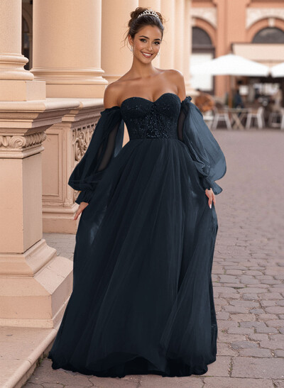 Elegant Off-The-Shoulder Long Lantern Sleeves Lace Illusion Corset A-Line Tulle Prom Dresses