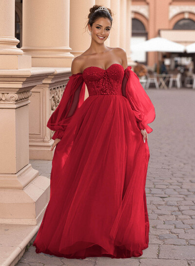 Elegant Off-The-Shoulder Long Lantern Sleeves Lace Illusion Corset A-Line Tulle Prom Dresses