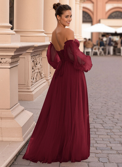 Elegant Off-The-Shoulder Long Lantern Sleeves Lace Illusion Corset A-Line Tulle Prom Dresses