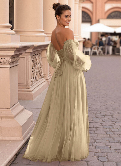 Elegant Off-The-Shoulder Long Lantern Sleeves Lace Illusion Corset A-Line Tulle Prom Dresses