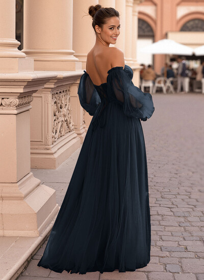 Elegant Off-The-Shoulder Long Lantern Sleeves Lace Illusion Corset A-Line Tulle Prom Dresses