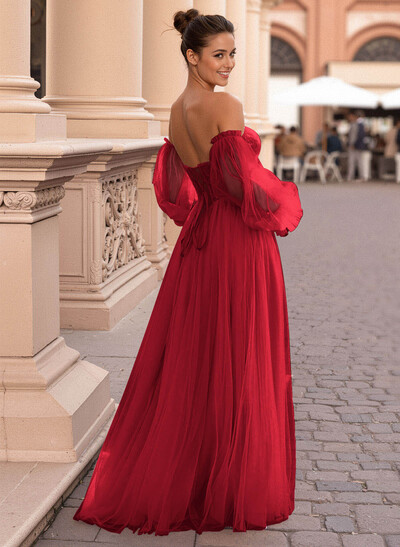 Elegant Off-The-Shoulder Long Lantern Sleeves Lace Illusion Corset A-Line Tulle Prom Dresses