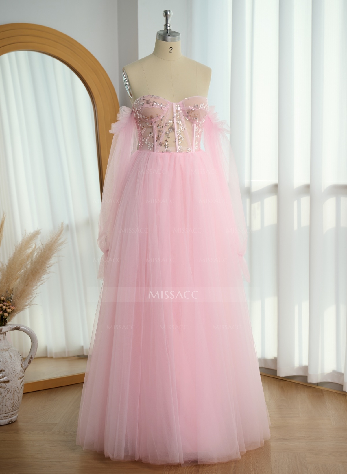 Elegant Off-The-Shoulder Long Lantern Sleeves Lace Illusion Corset A-Line Tulle Prom Dresses