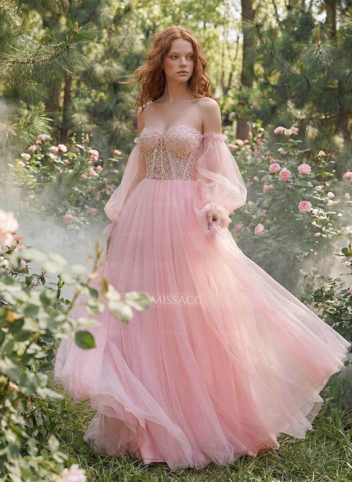 Elegant Off-The-Shoulder Long Lantern Sleeves Lace Illusion Corset A-Line Tulle Prom Dresses