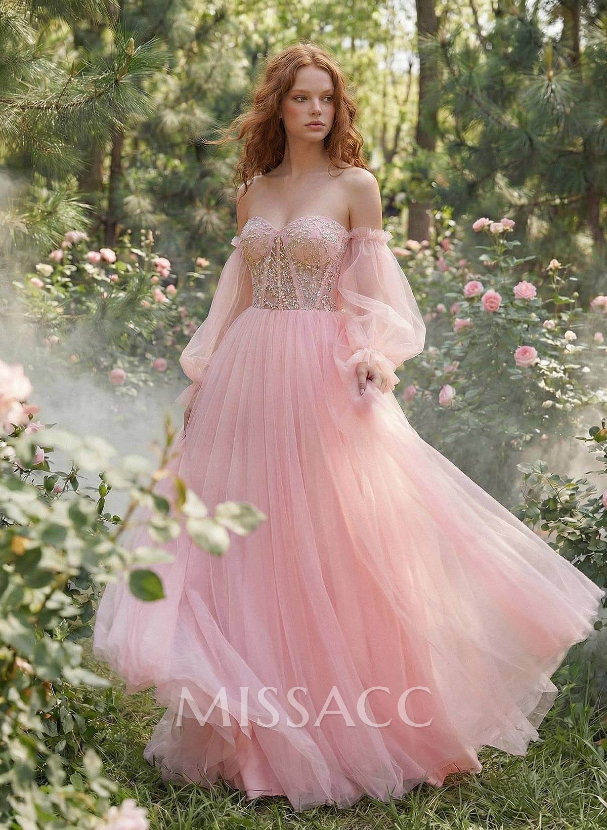 Elegant Off-The-Shoulder Long Lantern Sleeves Lace Illusion Corset A-Line Tulle Prom Dresses Elegant Off-The-Shoulder Long Lantern Sleeves Lace Illusion Corset A-Line Tulle Prom Dresses