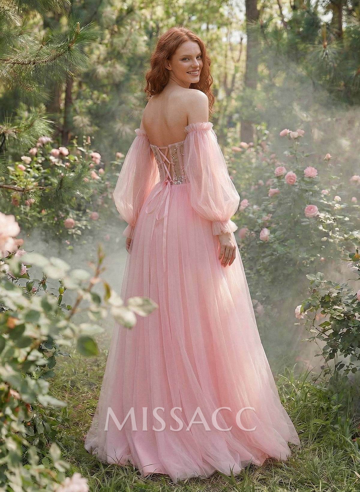 Elegant Off-The-Shoulder Long Lantern Sleeves Lace Illusion Corset A-Line Tulle Prom Dresses Elegant Off-The-Shoulder Long Lantern Sleeves Lace Illusion Corset A-Line Tulle Prom Dresses