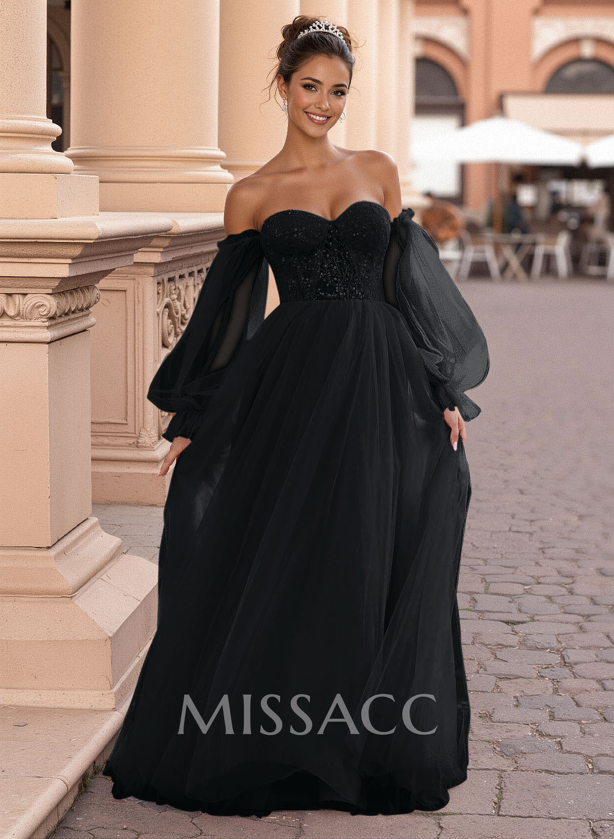 Elegant Off-The-Shoulder Long Lantern Sleeves Lace Illusion Corset A-Line Tulle Prom Dresses
