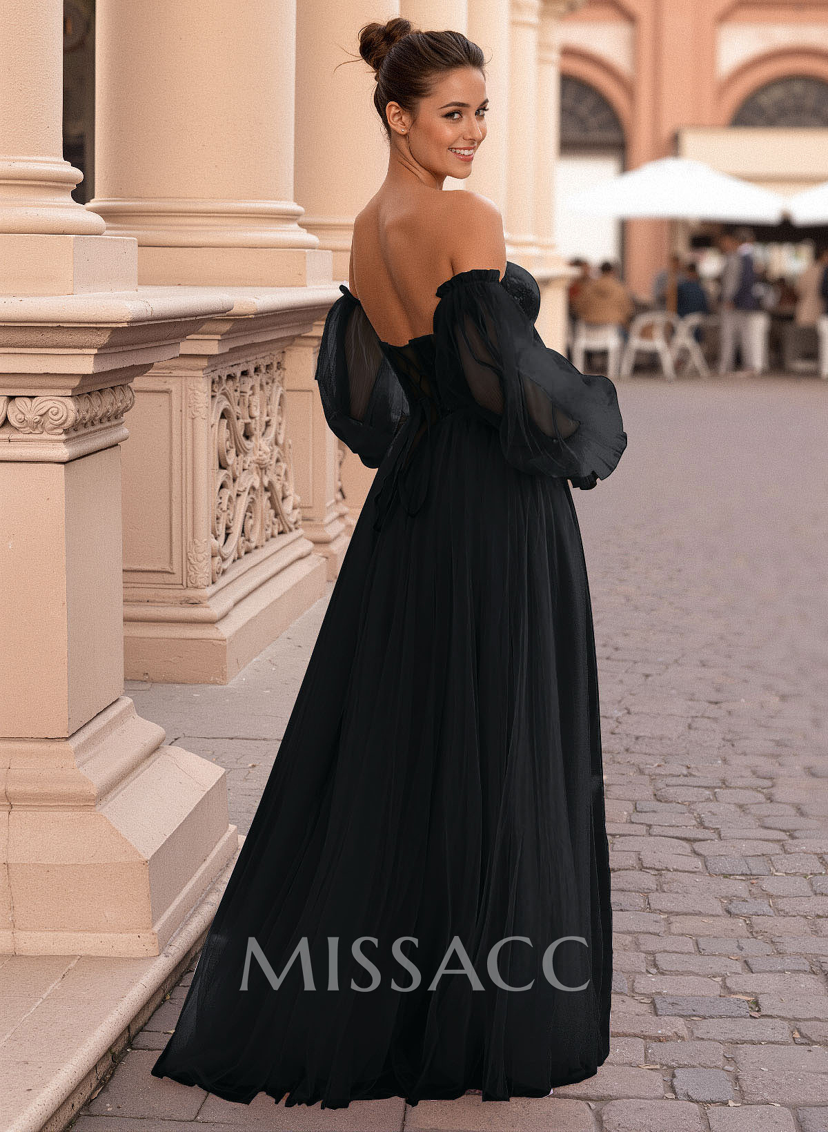 Elegant Off-The-Shoulder Long Lantern Sleeves Lace Illusion Corset A-Line Tulle Prom Dresses