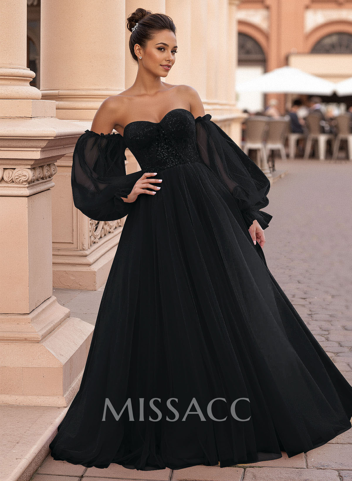 Elegant Off-The-Shoulder Long Lantern Sleeves Lace Illusion Corset A-Line Tulle Prom Dresses