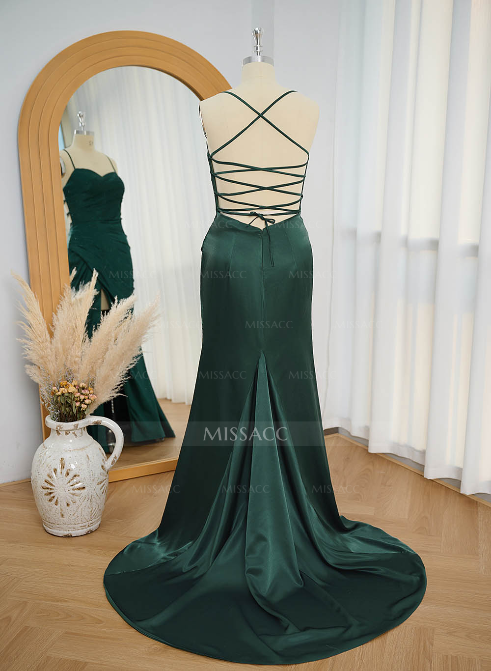 Classic Square Neckline High Split Court Train Silk Like Satin Prom Dresses