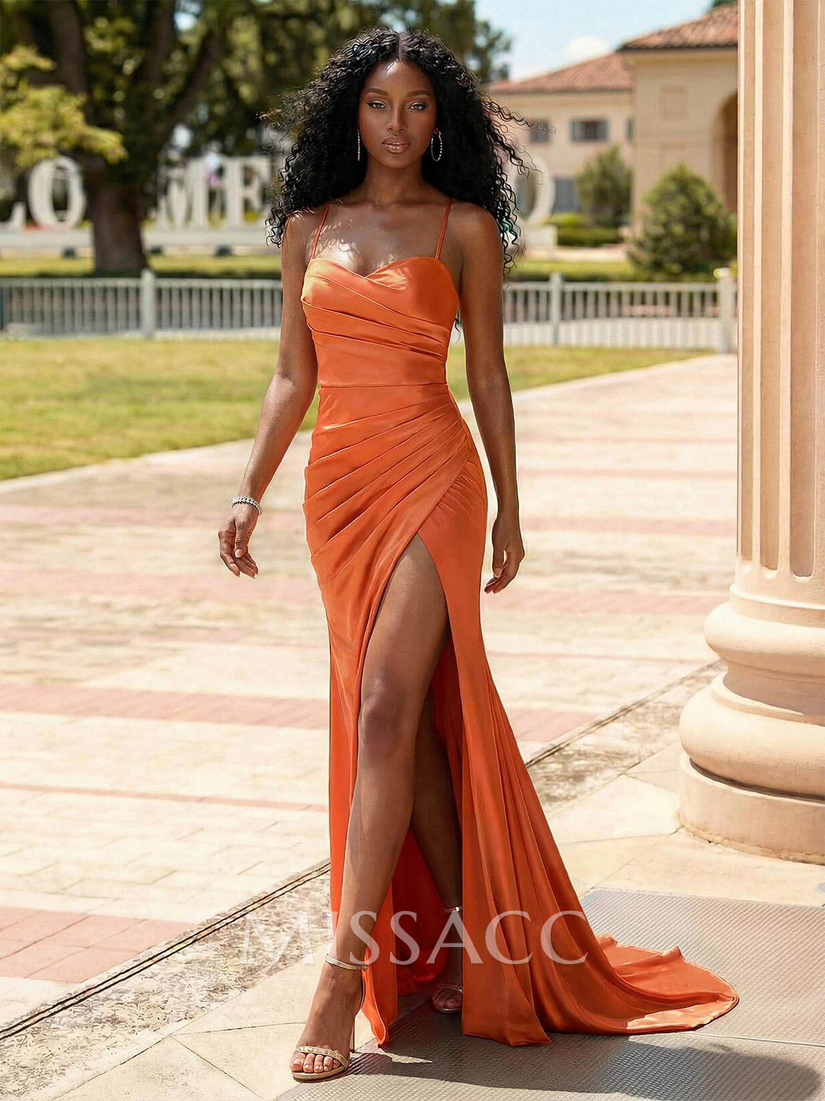 Classic Square Neckline High Split Court Train Silk Like Satin Prom Dresses
