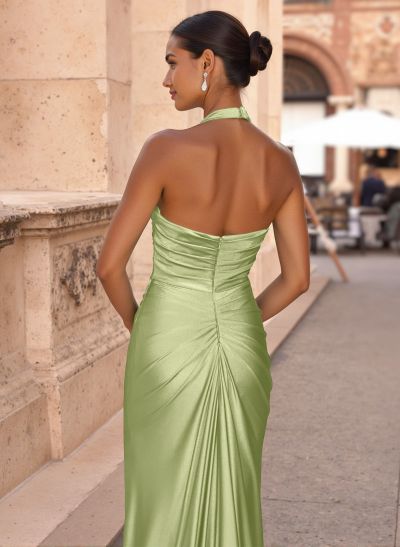 Elegant Halter Ruched High Split Sweep Train Silk Like Satin Prom Dresses