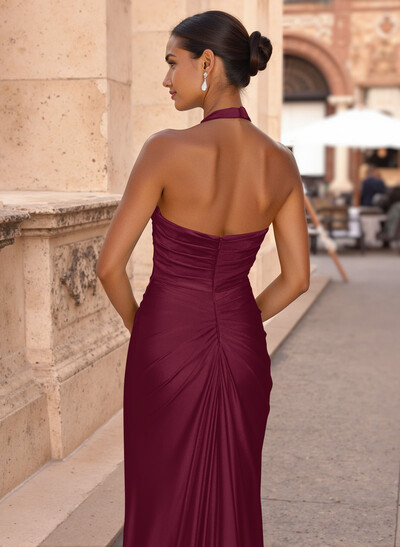 Elegant Halter Ruched High Split Sweep Train Silk Like Satin Prom Dresses
