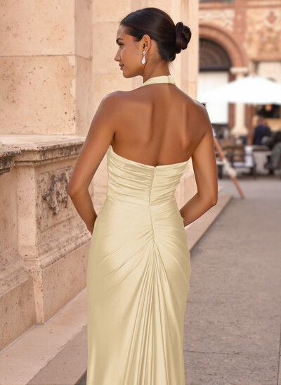 Elegant Halter Ruched High Split Sweep Train Silk Like Satin Prom Dresses