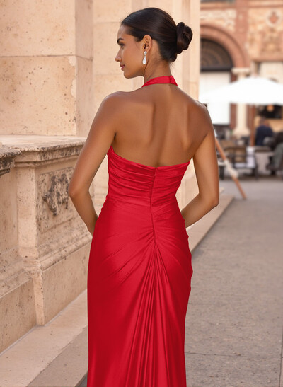 Elegant Halter Ruched High Split Sweep Train Silk Like Satin Prom Dresses